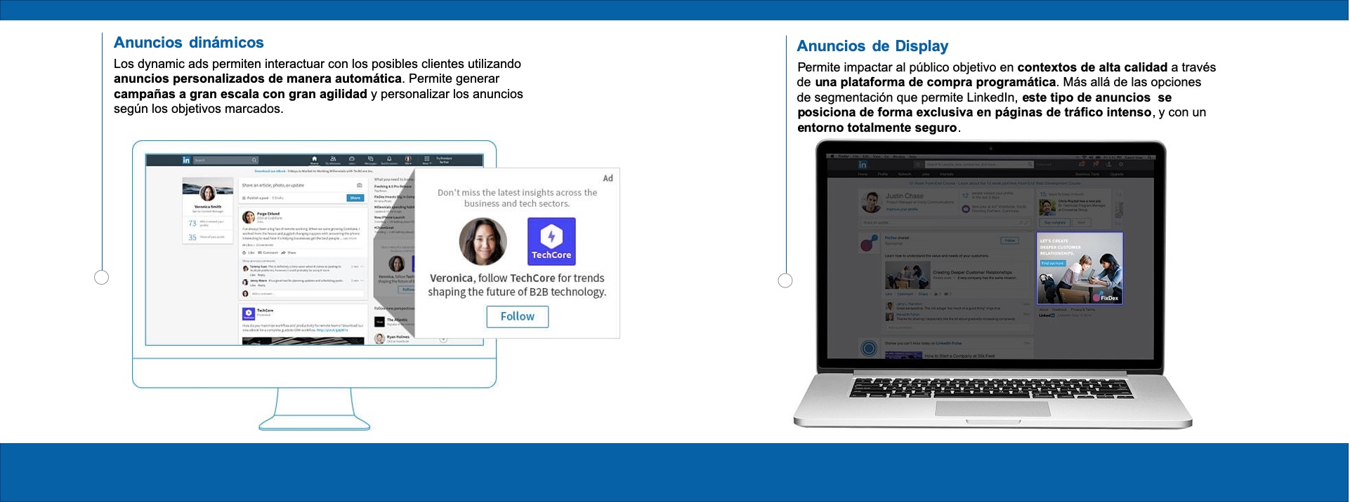 Ejemplos de dynamics ads y publicidad display en Linkedin.