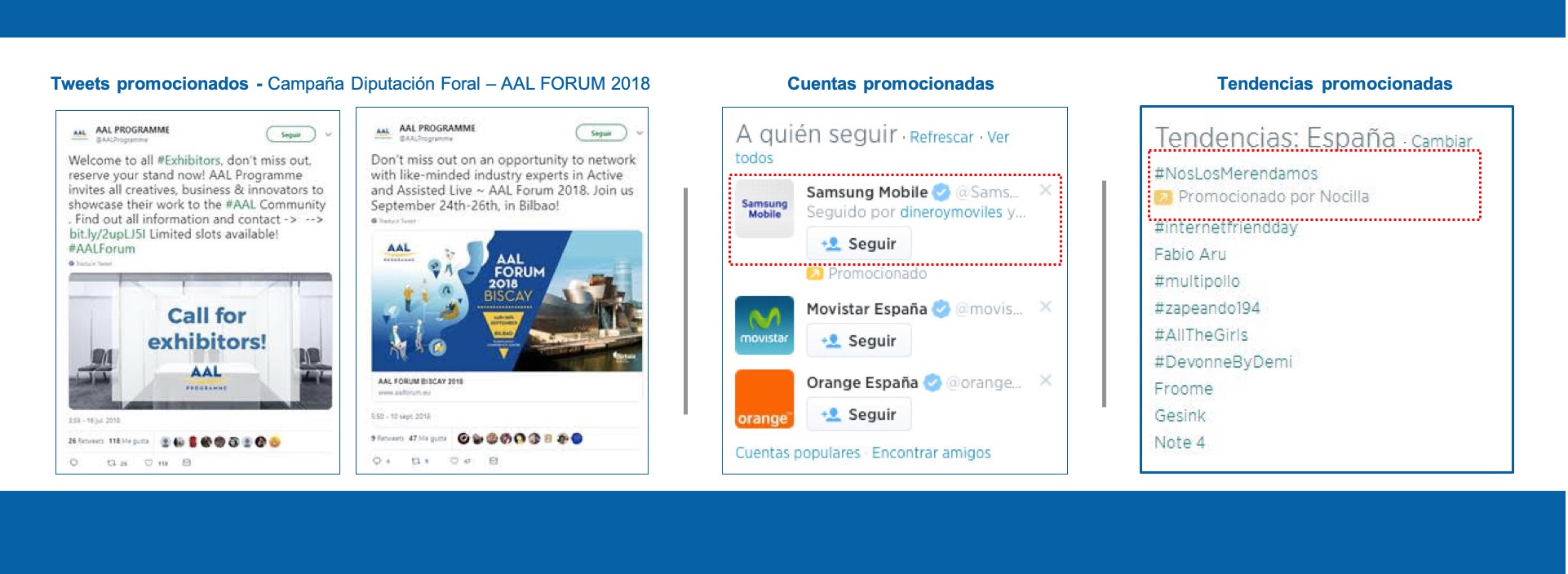 Ejemplos de campañas, tuits y cuentas promocionadas en twitter.