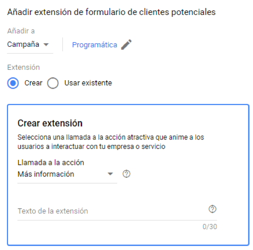 Menú para la creación de la extensión.