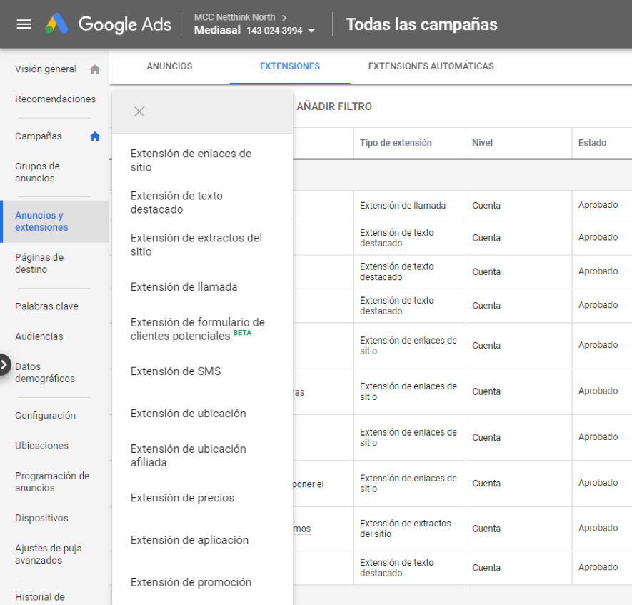 Menú de extensiones del dashboard de google ads.