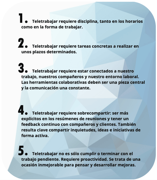 Listado de cinco claves para obtener un rendimiento alto a través del teletrabajo.